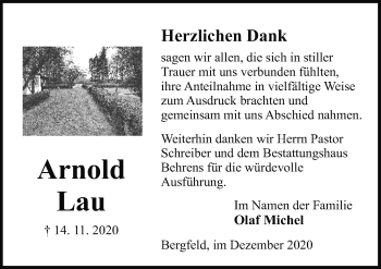 Traueranzeige von Arnold Lau von Aller Zeitung