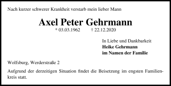 Traueranzeige von Axel Peter Gehrmann von Aller Zeitung