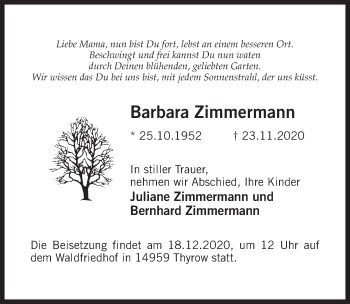 Traueranzeige von Barbara Zimmermann von Märkischen Allgemeine Zeitung