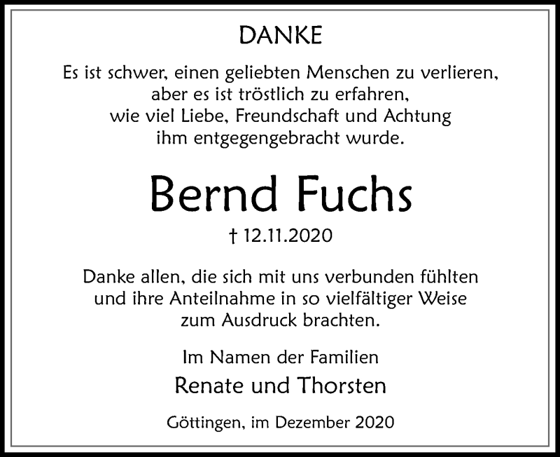  Traueranzeige für Bernd Fuchs vom 05.12.2020 aus Göttinger Tageblatt