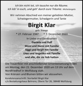 Traueranzeige von Birgit Klar von Aller Zeitung