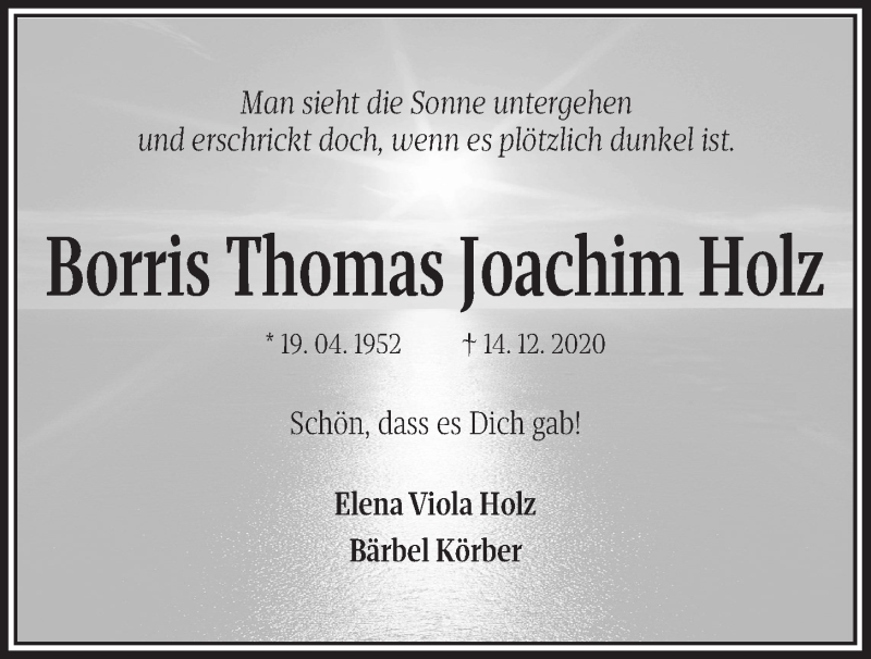  Traueranzeige für Borris Thomas Holz vom 19.12.2020 aus Kieler Nachrichten