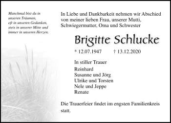 Traueranzeige von Brigitte Schlucke von Ostsee-Zeitung GmbH