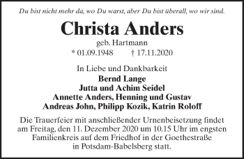 Traueranzeige von Christa Anders von Märkischen Allgemeine Zeitung