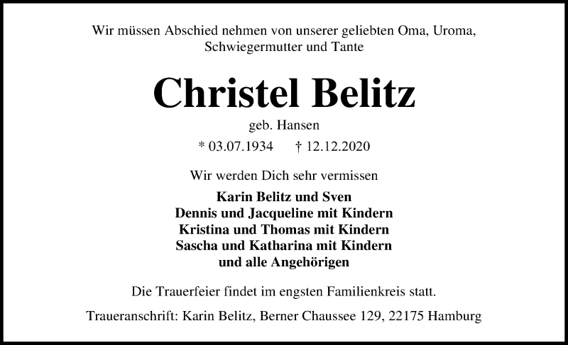  Traueranzeige für Christel Belitz vom 19.12.2020 aus Kieler Nachrichten