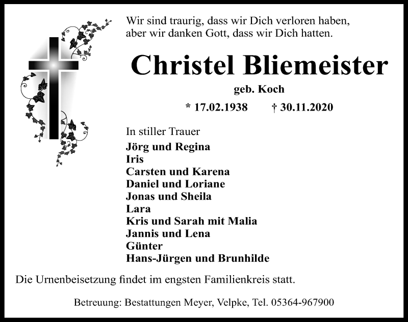  Traueranzeige für Christel Bliemeister vom 05.12.2020 aus Aller Zeitung