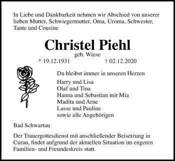 Traueranzeige von Christel Piehl von Lübecker Nachrichten