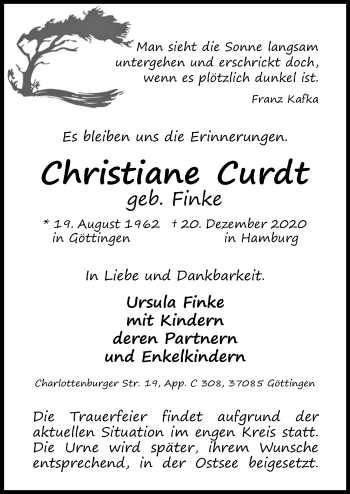 Traueranzeige von Christiane Curdt von Göttinger Tageblatt