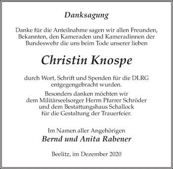 Traueranzeige von Christin Knospe von Märkischen Allgemeine Zeitung