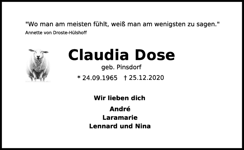  Traueranzeige für Claudia Dose vom 30.12.2020 aus Kieler Nachrichten