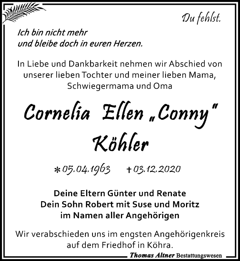  Traueranzeige für Cornelia Ellen Köhler vom 12.12.2020 aus Leipziger Volkszeitung