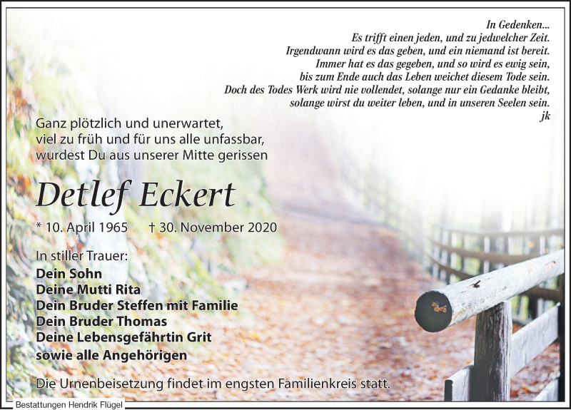  Traueranzeige für Detlef Eckert vom 12.12.2020 aus Leipziger Volkszeitung