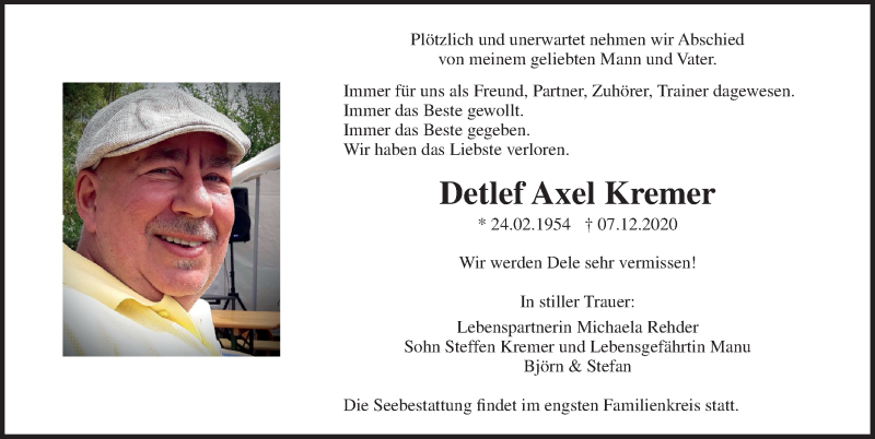  Traueranzeige für Detlef Axel Kremer vom 12.12.2020 aus Ostsee-Zeitung GmbH