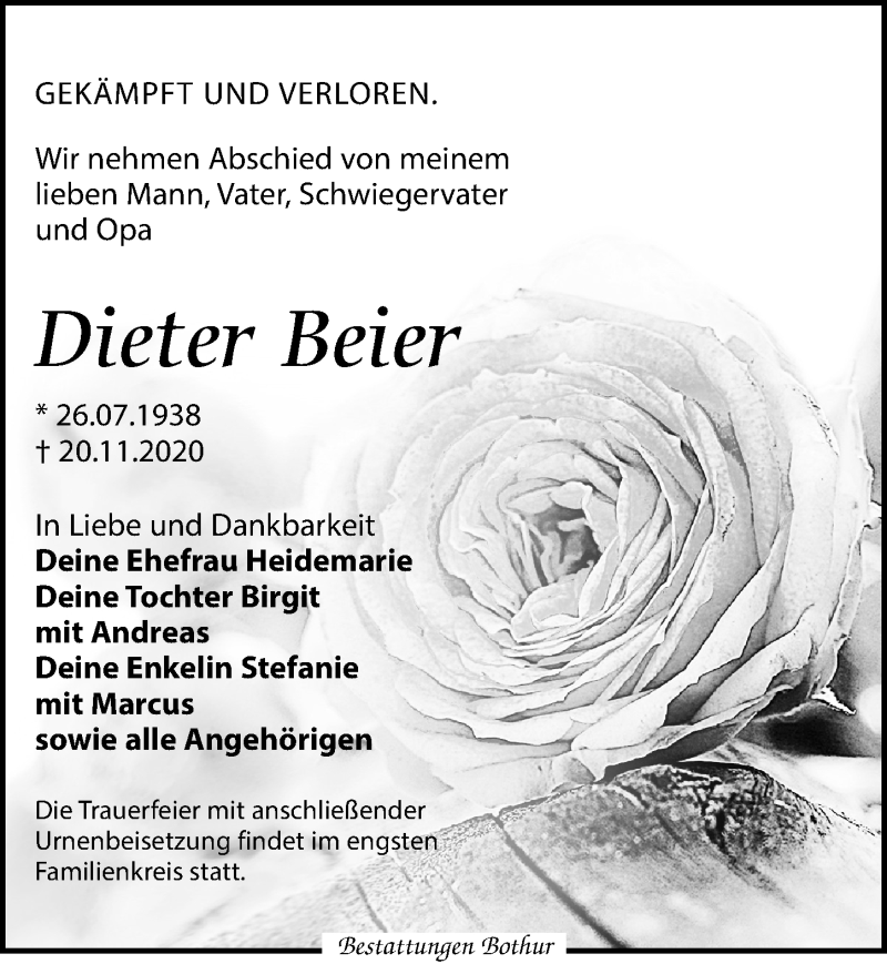  Traueranzeige für Dieter Beier vom 05.12.2020 aus Leipziger Volkszeitung