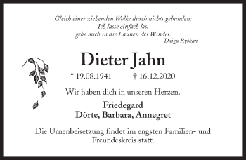 Traueranzeige von Dieter Jahn von Märkischen Allgemeine Zeitung