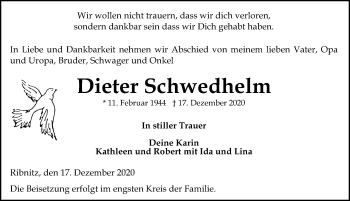 Traueranzeige von Dieter Schwedhelm von Ostsee-Zeitung GmbH