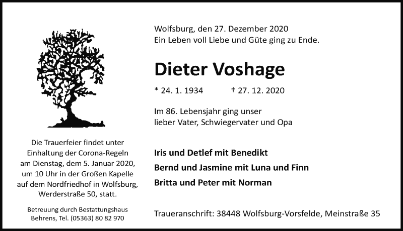 Traueranzeige für Dieter Voshage vom 31.12.2020 aus Aller Zeitung