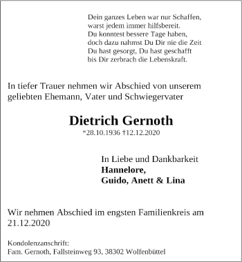 Traueranzeige von Dietrich Gernoth von Göttinger Tageblatt