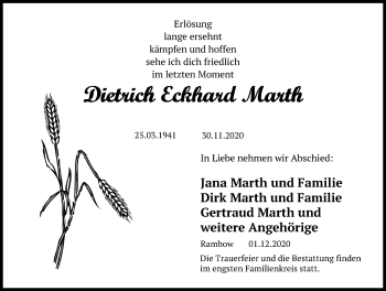 Traueranzeige von Dietrich Eckhard Marth von Ostsee-Zeitung GmbH