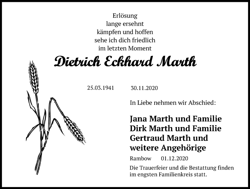  Traueranzeige für Dietrich Eckhard Marth vom 05.12.2020 aus Ostsee-Zeitung GmbH
