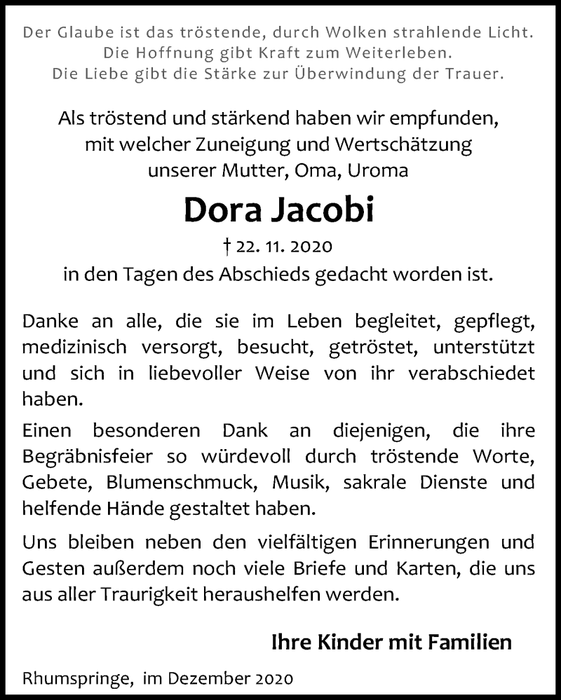  Traueranzeige für Dora Jacobi vom 05.12.2020 aus Eichsfelder Tageblatt