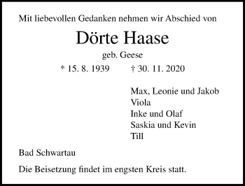 Traueranzeige von Dörte Haase von Lübecker Nachrichten