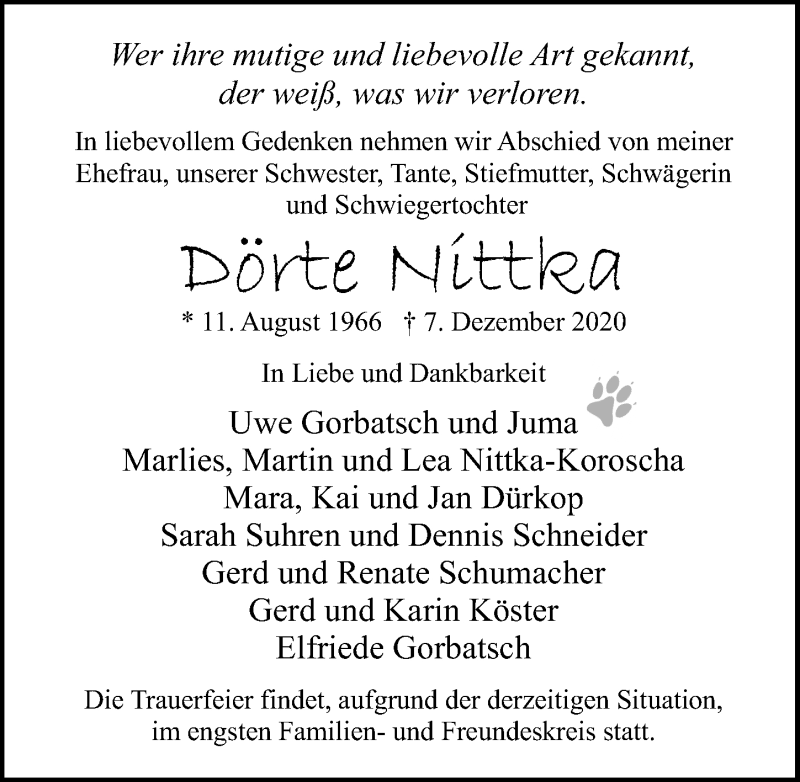  Traueranzeige für Dörte Nittka vom 13.12.2020 aus Lübecker Nachrichten
