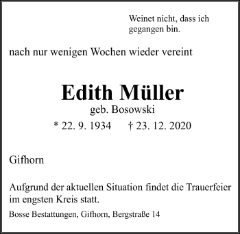 Traueranzeige von Edith Müller von Aller Zeitung