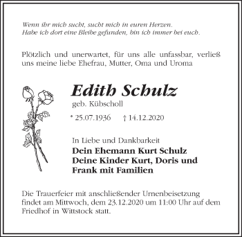 Traueranzeige von Edith Schulz von Märkischen Allgemeine Zeitung
