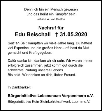 Traueranzeige von Edu Beischall von Ostsee-Zeitung GmbH
