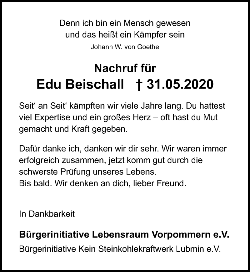  Traueranzeige für Edu Beischall vom 19.12.2020 aus Ostsee-Zeitung GmbH
