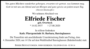 Traueranzeige von Elfriede Fischer von Hannoversche Allgemeine Zeitung/Neue Presse