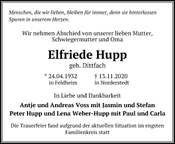 Traueranzeige von Elfriede Hupp von Hannoversche Allgemeine Zeitung/Neue Presse