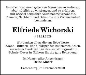 Traueranzeige von Elfriede Wichorski von Aller Zeitung