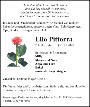 Traueranzeige von Elio Pittorra von Aller Zeitung