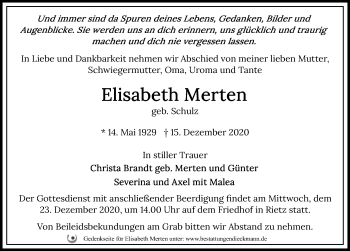 Traueranzeige von Elisabeth Merten von Märkischen Allgemeine Zeitung