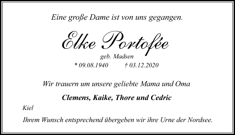  Traueranzeige für Elke Portofée vom 12.12.2020 aus Kieler Nachrichten