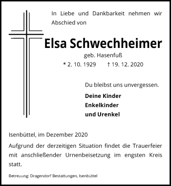 Traueranzeige von Elsa Schwechheimer von Aller Zeitung