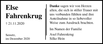 Traueranzeige von Else Fahrenkrug von Lübecker Nachrichten