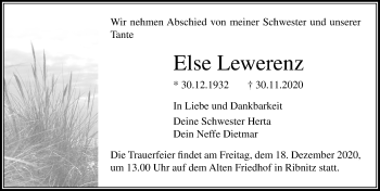 Traueranzeige von Else Lewerenz von Ostsee-Zeitung GmbH