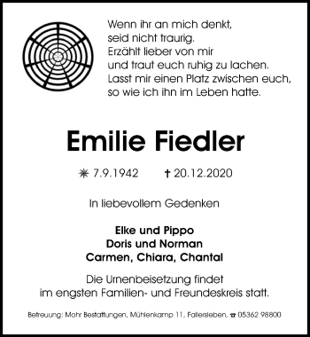Traueranzeige von Emilie Fiedler von Aller Zeitung