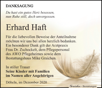 Traueranzeige von Erhard Haft von Leipziger Volkszeitung