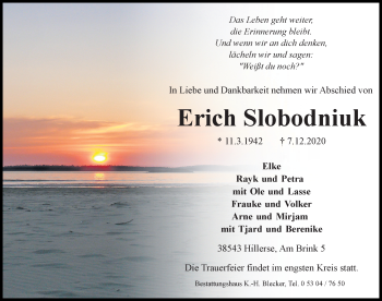Traueranzeige von Erich Slobodniuk von Aller Zeitung
