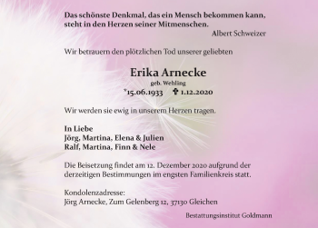 Traueranzeige von Erika Arnecke von Göttinger Tageblatt