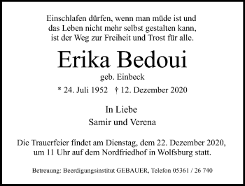 Traueranzeige von Erika Bedoui von Aller Zeitung