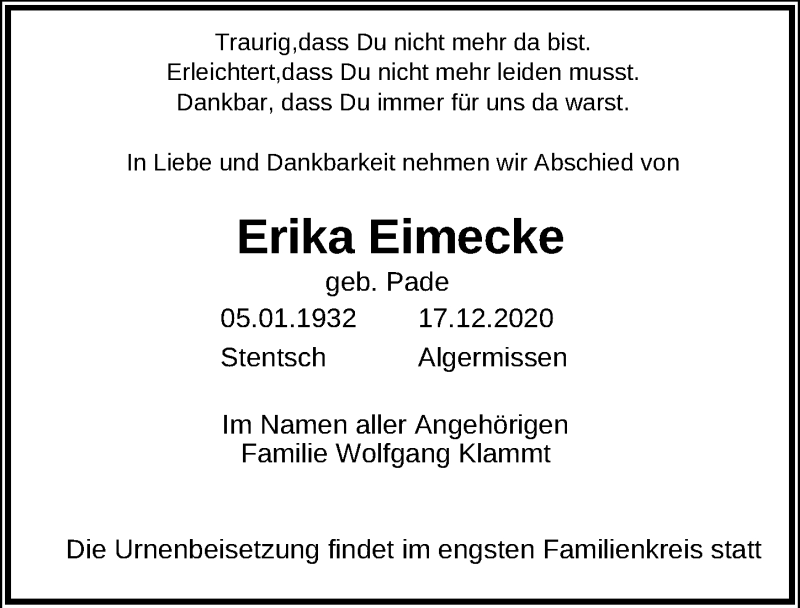  Traueranzeige für Erika Eimecke vom 24.12.2020 aus Hannoversche Allgemeine Zeitung/Neue Presse