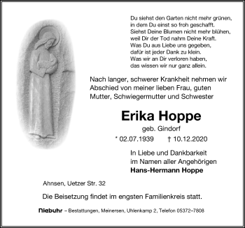 Traueranzeige von Erika Hoppe von Aller Zeitung
