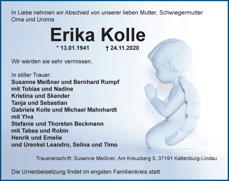  Traueranzeige für Erika Kolle vom 05.12.2020 aus Göttinger Tageblatt