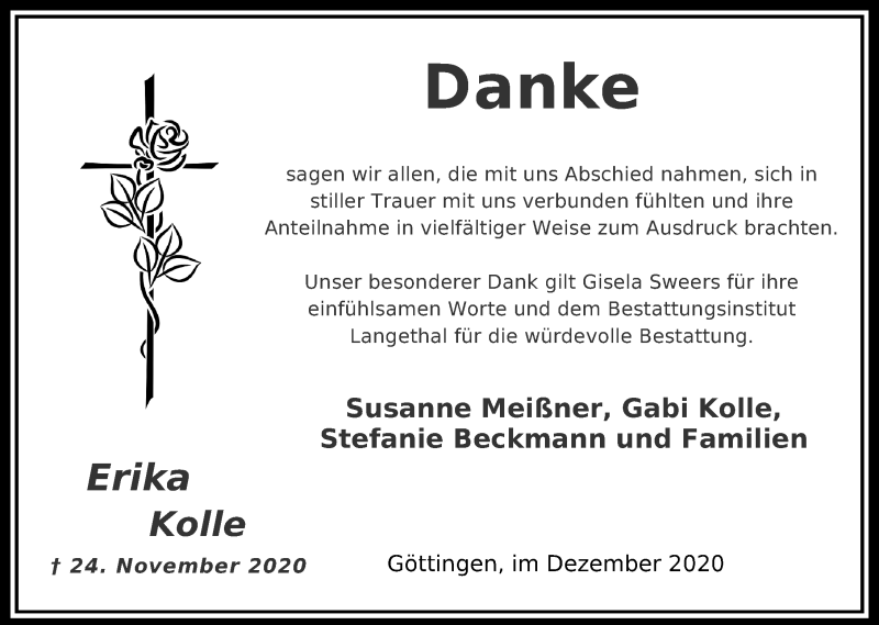  Traueranzeige für Erika Kolle vom 31.12.2020 aus Göttinger Tageblatt