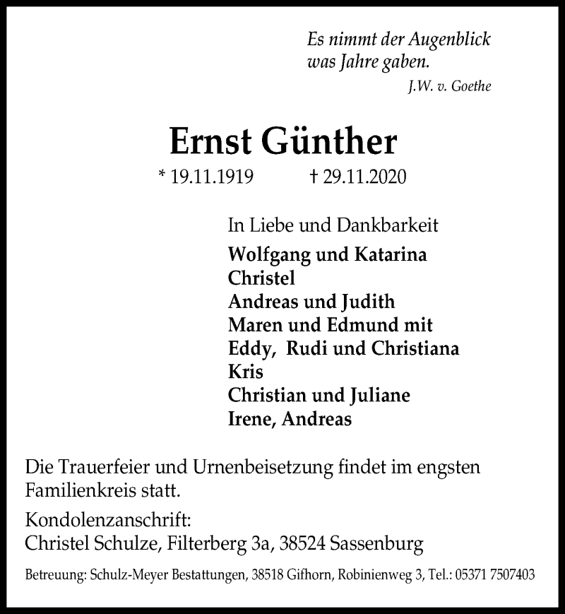  Traueranzeige für Ernst Günther vom 11.12.2020 aus Aller Zeitung